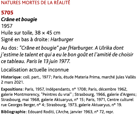 NATURES MORTES DE LA R ALIT 5705 Cr ne et bougie 1957 Huile sur toile, 38 × 45 cm Sign  en bas   droite : Harburger ...