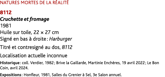 NATURES MORTES DE LA R ALIT 8112 Cruchette et fromage 1981 Huile sur toile, 22 × 27 cm Sign  en bas   droite : Harbu...